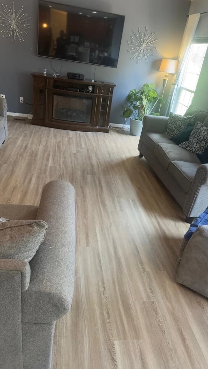 Light wood-look flooring in furnished living and dining spaces