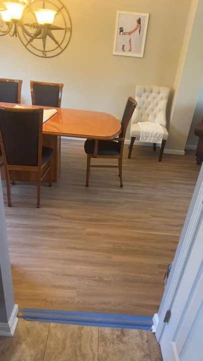 Light wood-look flooring in furnished living and dining spaces