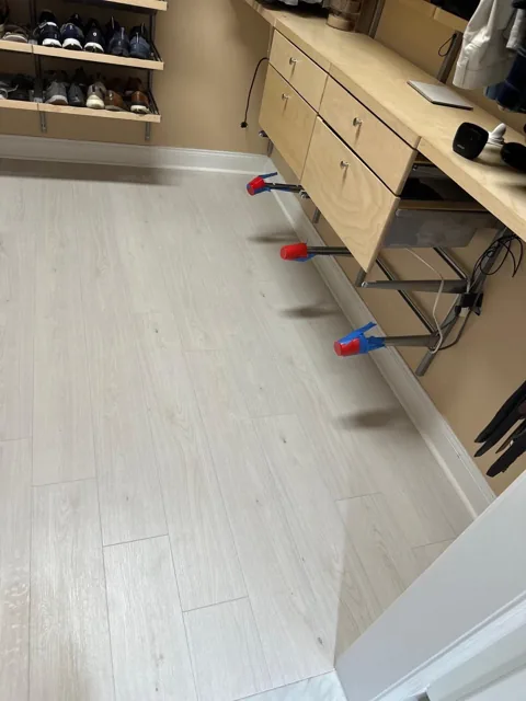 Pale plank flooring around built-in closet drawers
