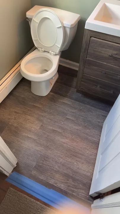 Gray plank flooring around a bathroom vanity