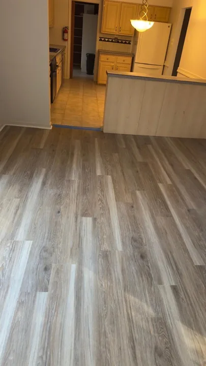 Gray and beige vinyl planks connecting residential rooms