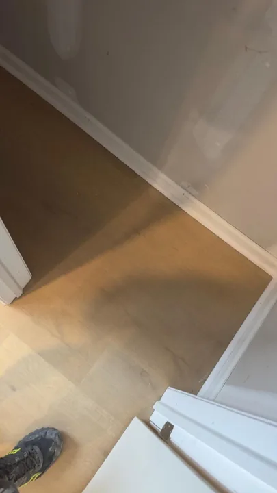 Pale wide-plank vinyl flooring during an interior renovation — work in progress